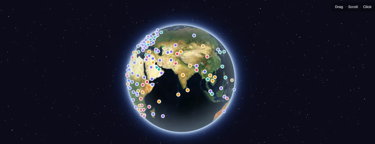 Interactive globe showing digital nomad country guides worldwide